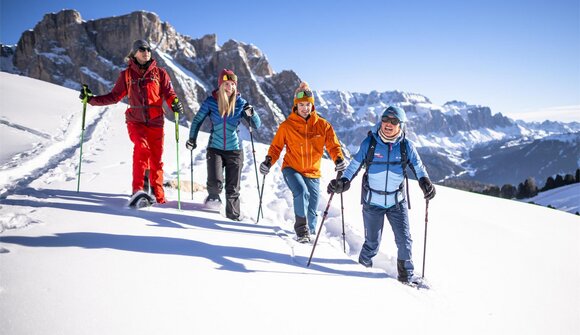 Snowshoeing below the Odle peaks